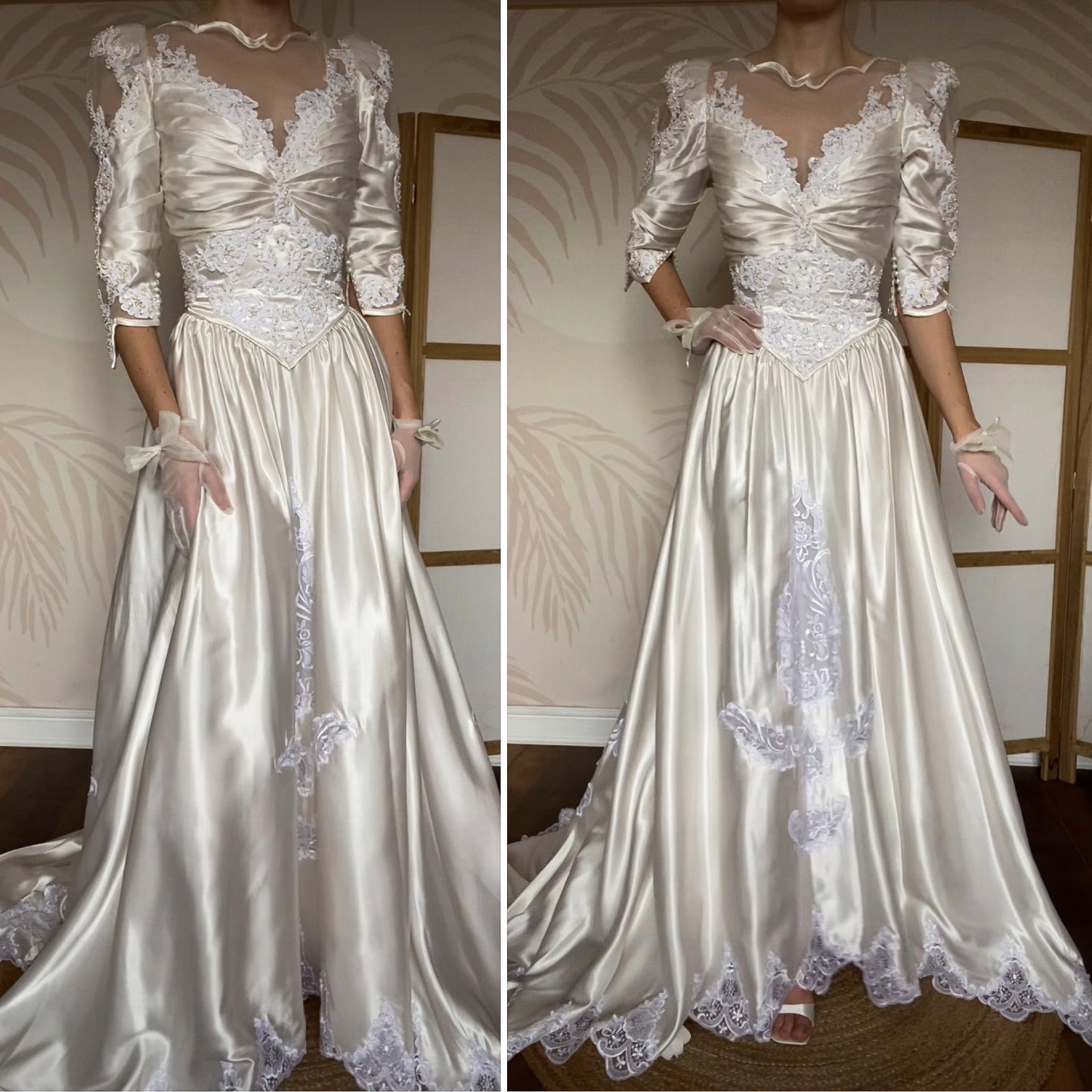 Ivory satin 80s lace & pearl wedding dress UK 12