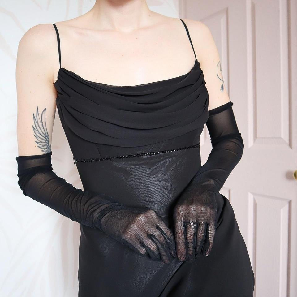 Tiffanys black chiffon evening gown UK 12 & UK 14