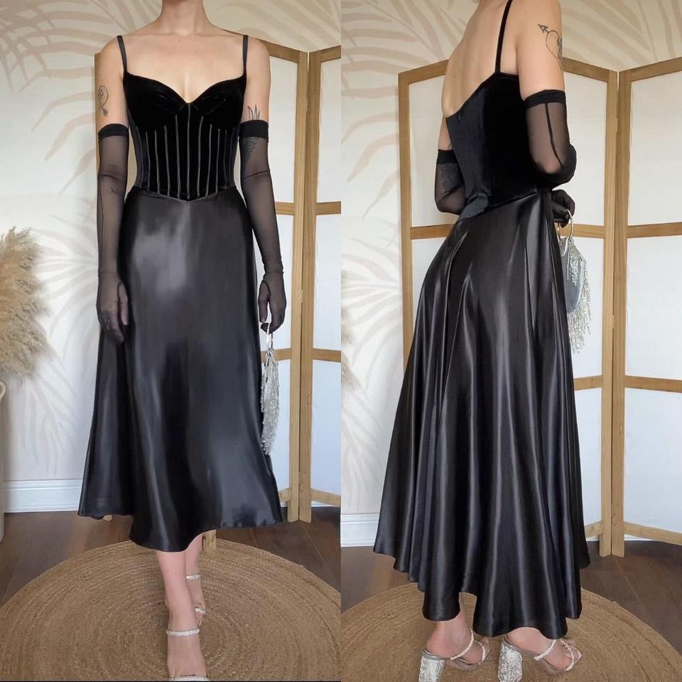 Simon Ellis black velvet/satin midi dress uk 10-12