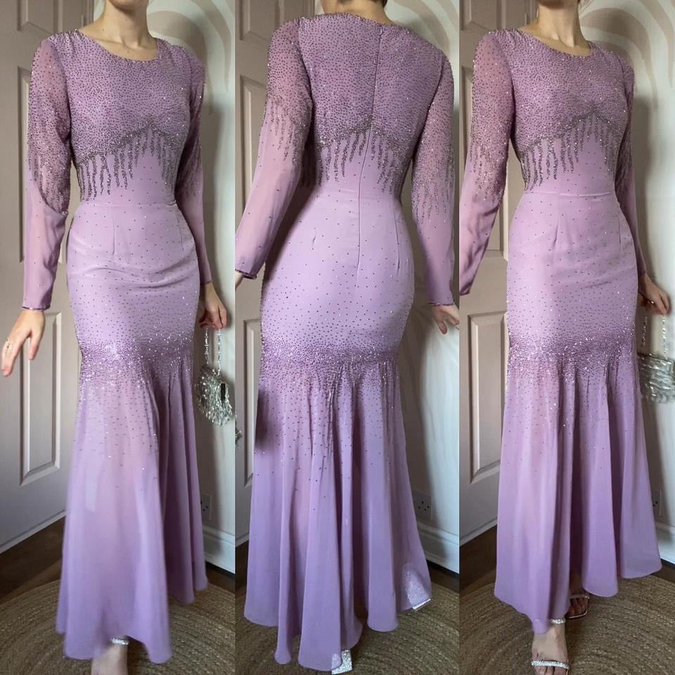 Lilac vintage beaded long sleeve fishtail evening dress UK 10