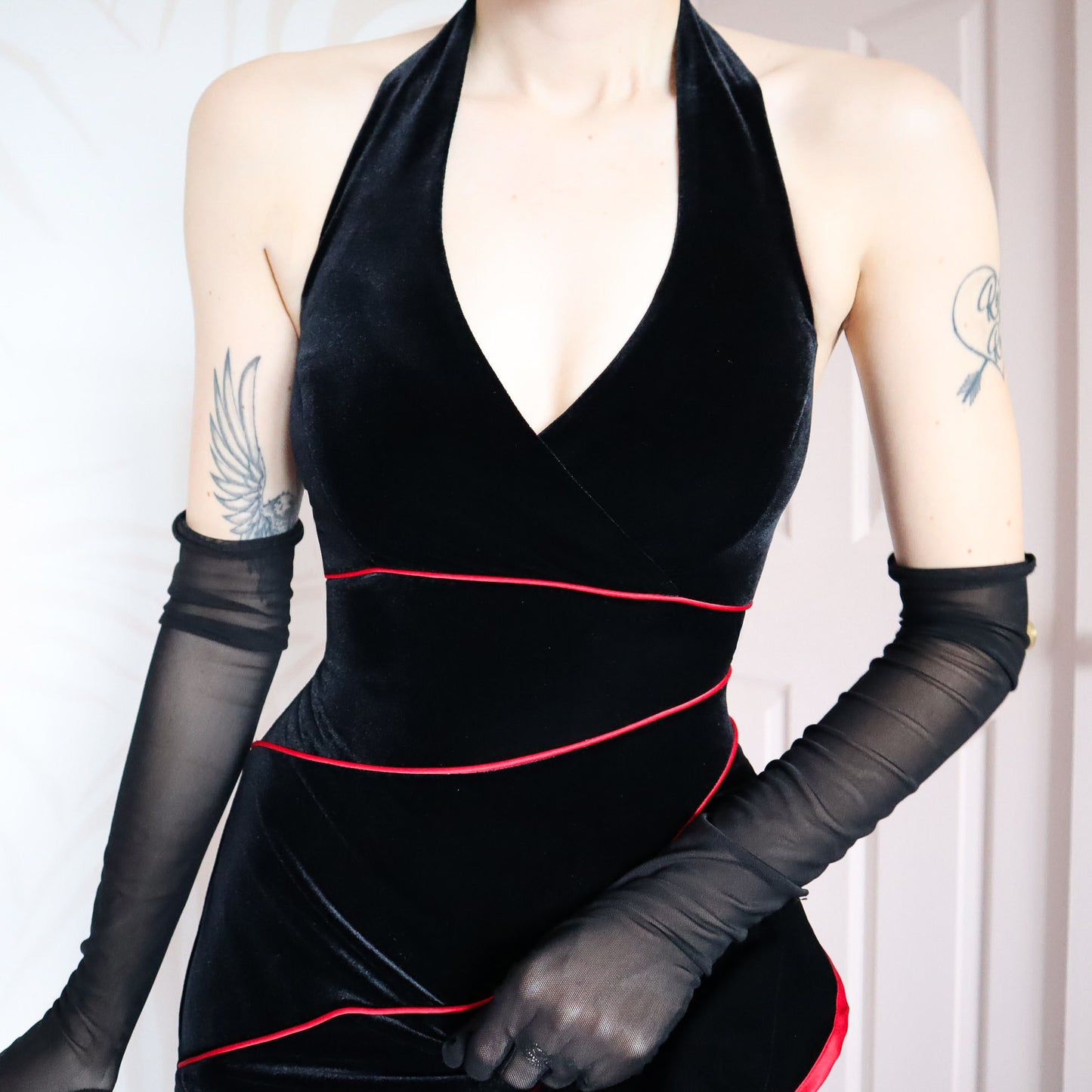 Vintage Niki Livas black velvet halter neck gown UK 12 & 14