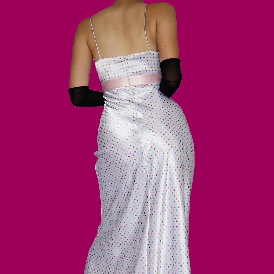 White polka dot silky evening dress UK 10