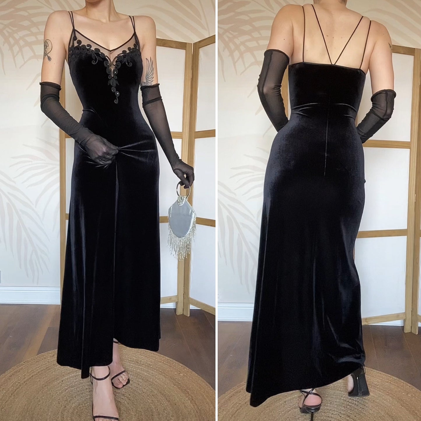 Debut stretch black velvet evening dress UK 14-16