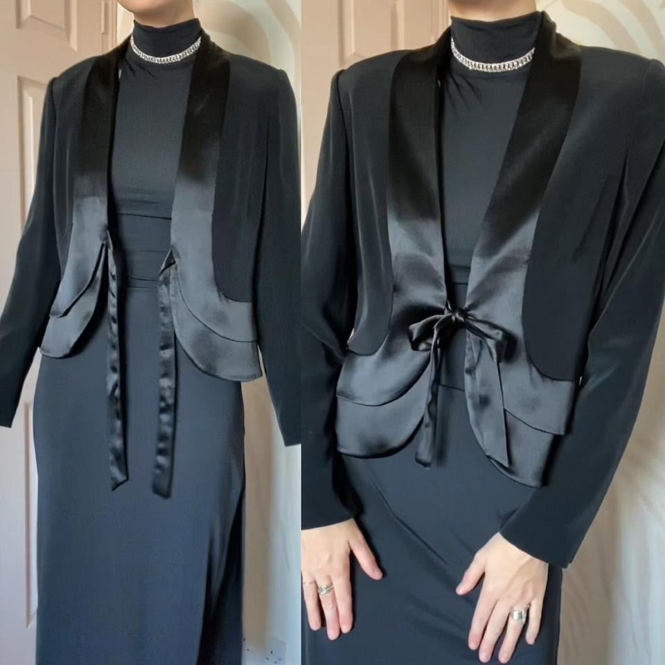 Black satin tie front evening jacket UK 10