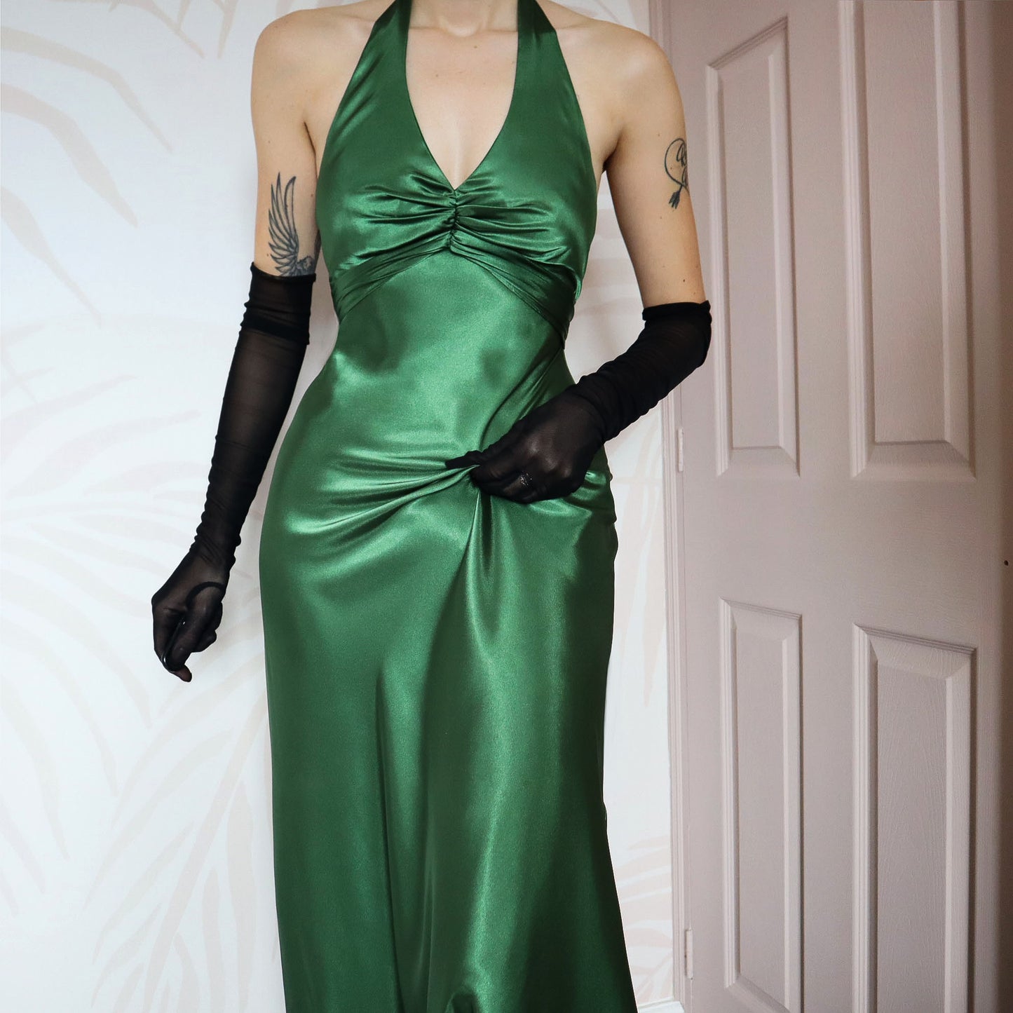 Green satin halter-neck evening dress UK 8