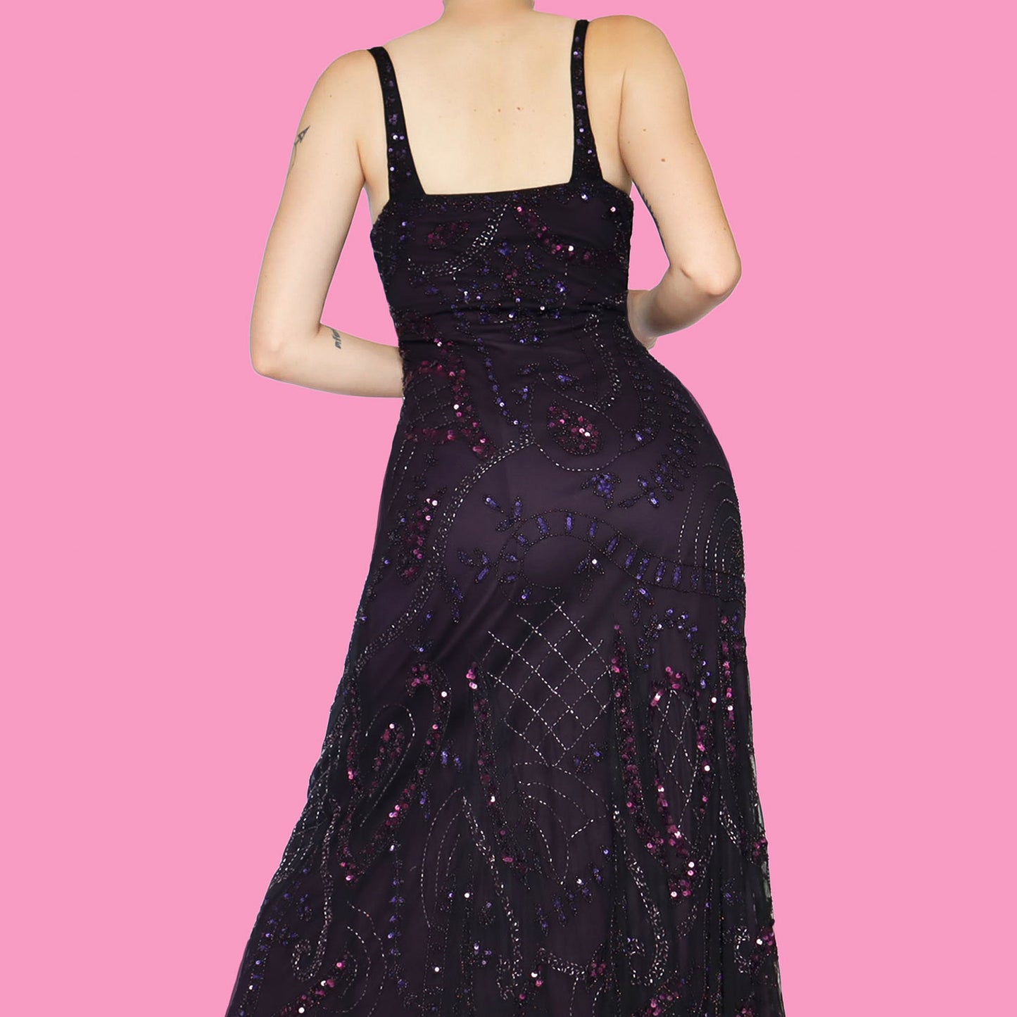 Purple petite bead & sequin evening dress UK 12