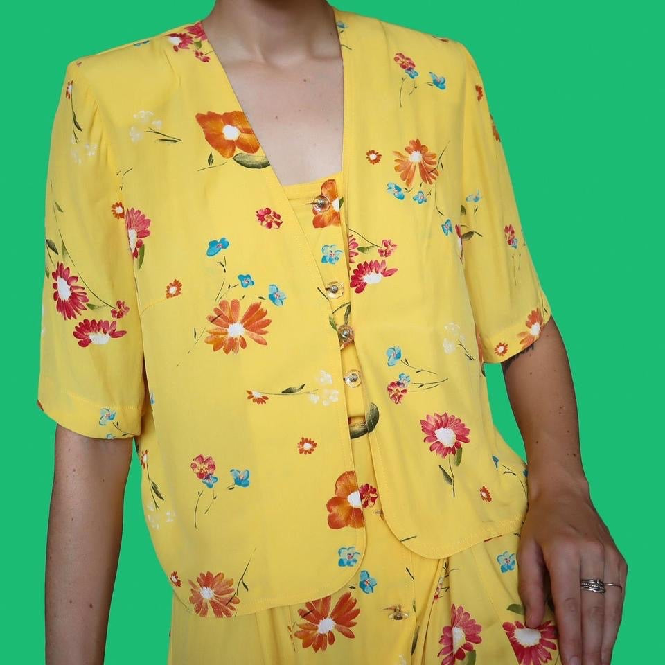 Stunning yellow floral 2 piece jacket/dress set UK 12