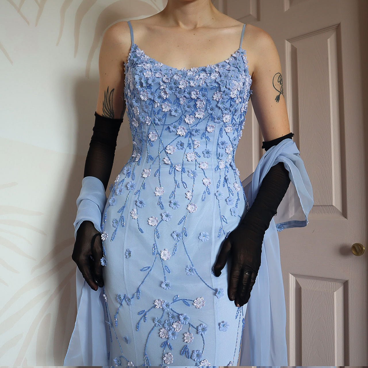 100% silk blue floral beaded evening gown & shawl UK 10