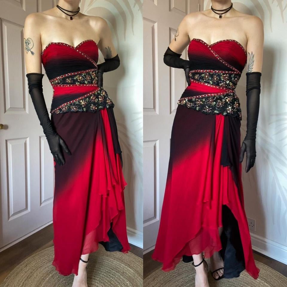 Red & black YVE London silk strapless gown UK 10