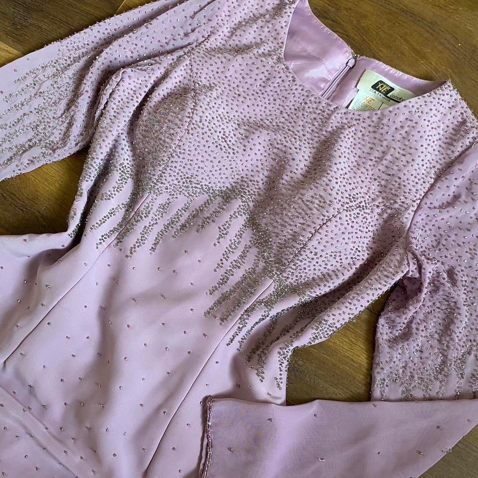 Lilac vintage beaded long sleeve fishtail evening dress UK 10
