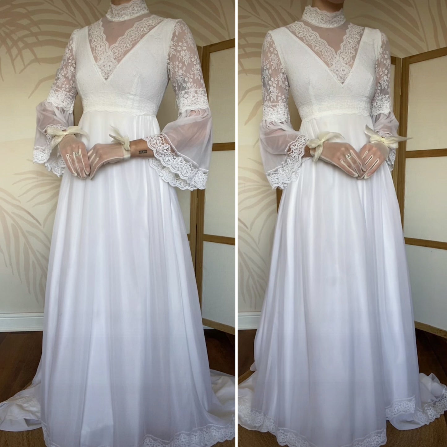 60s white lace flared sleeve wedding dress uk 8