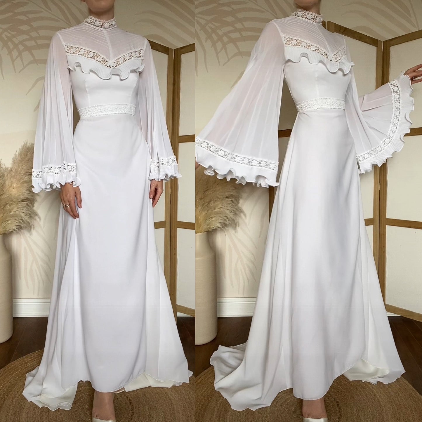 70s long flared sleeve wedding dress uk 12