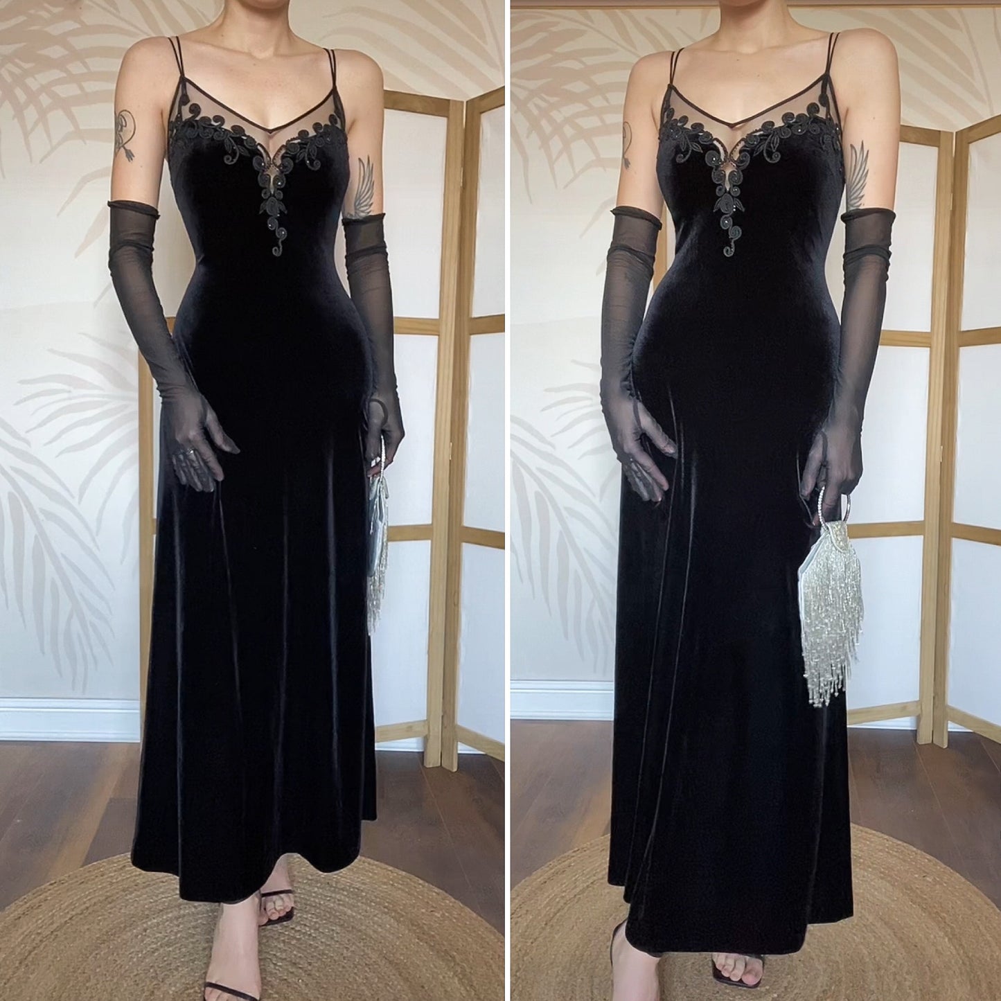 Debut stretch black velvet evening dress UK 14-16