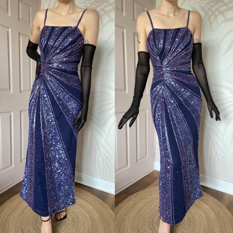 Purple Kaleidscope fitted sequin & beaded evening dress UK 12