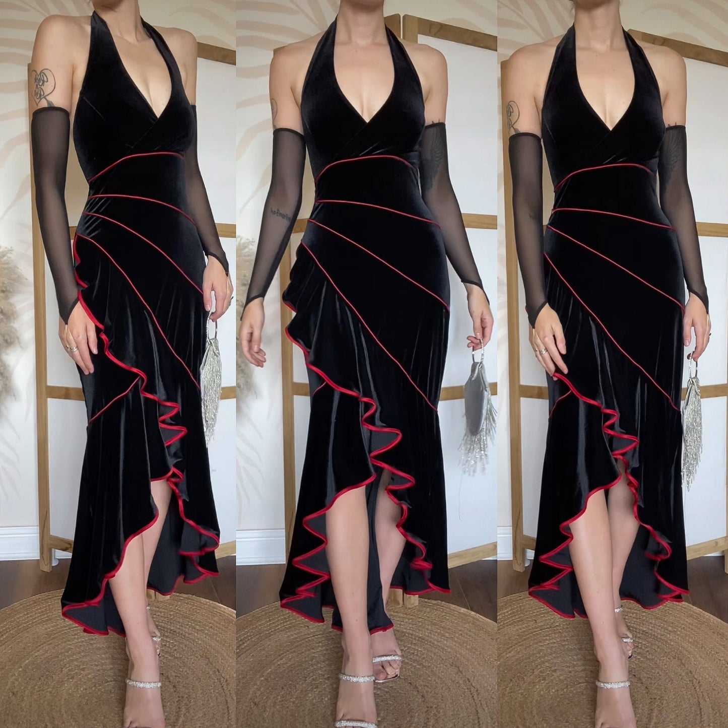 Vintage Niki Livas black velvet halter neck gown UK 14