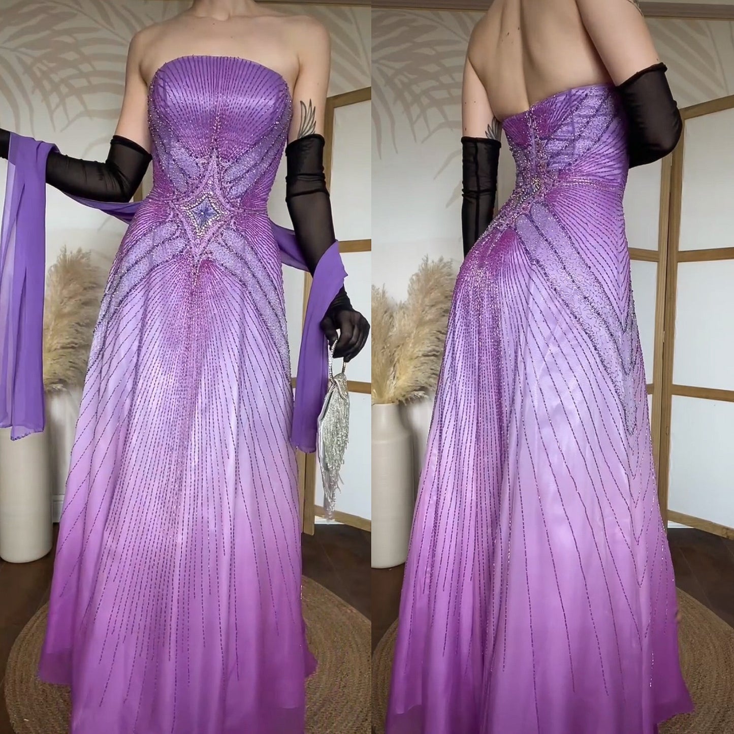 Purple silk beaded prom dress & shawl uk 12