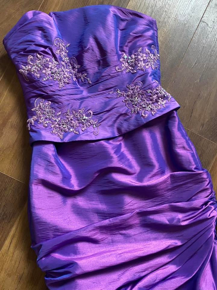 Hilary Morgan purple strapless taffeta prom dress uk 10-12