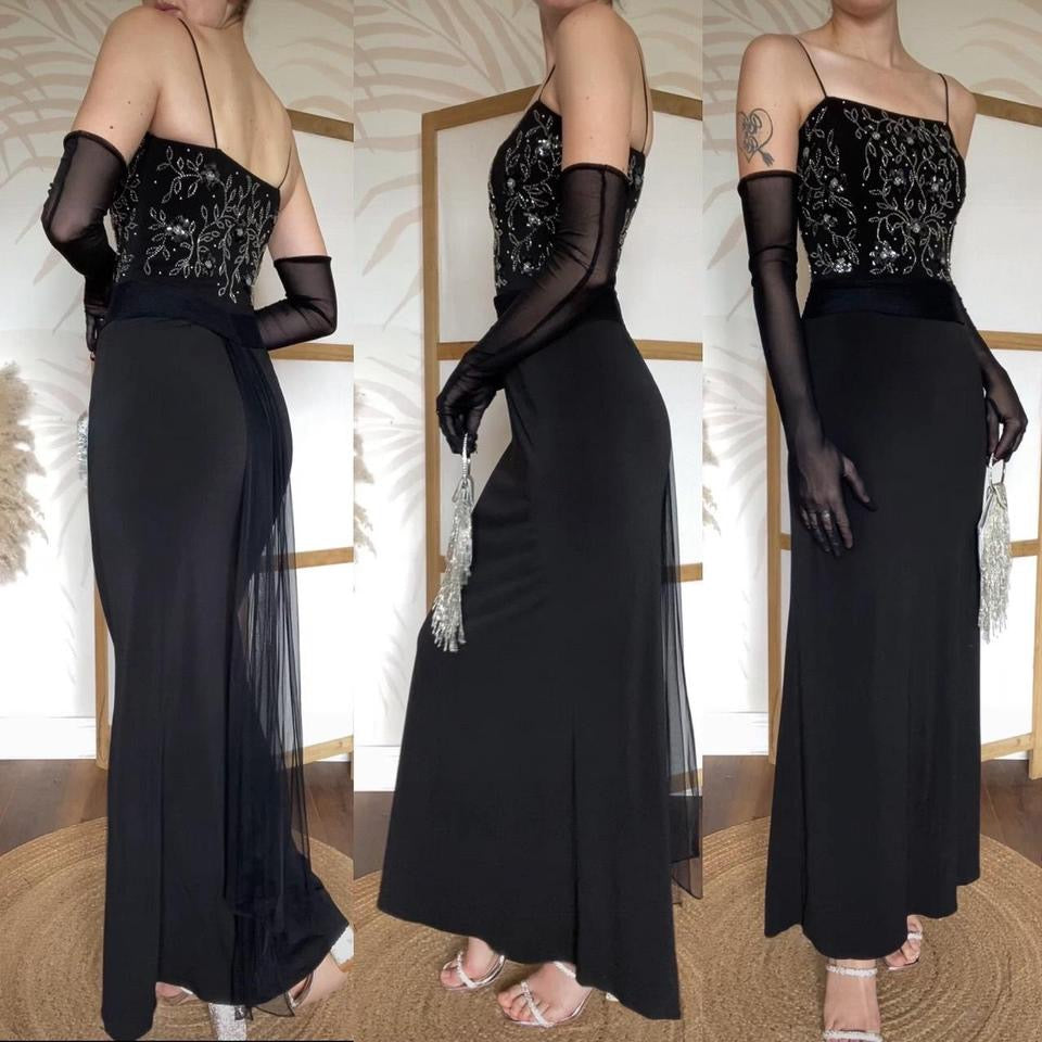 Flori 90s black stretch beaded evening dress uk 6