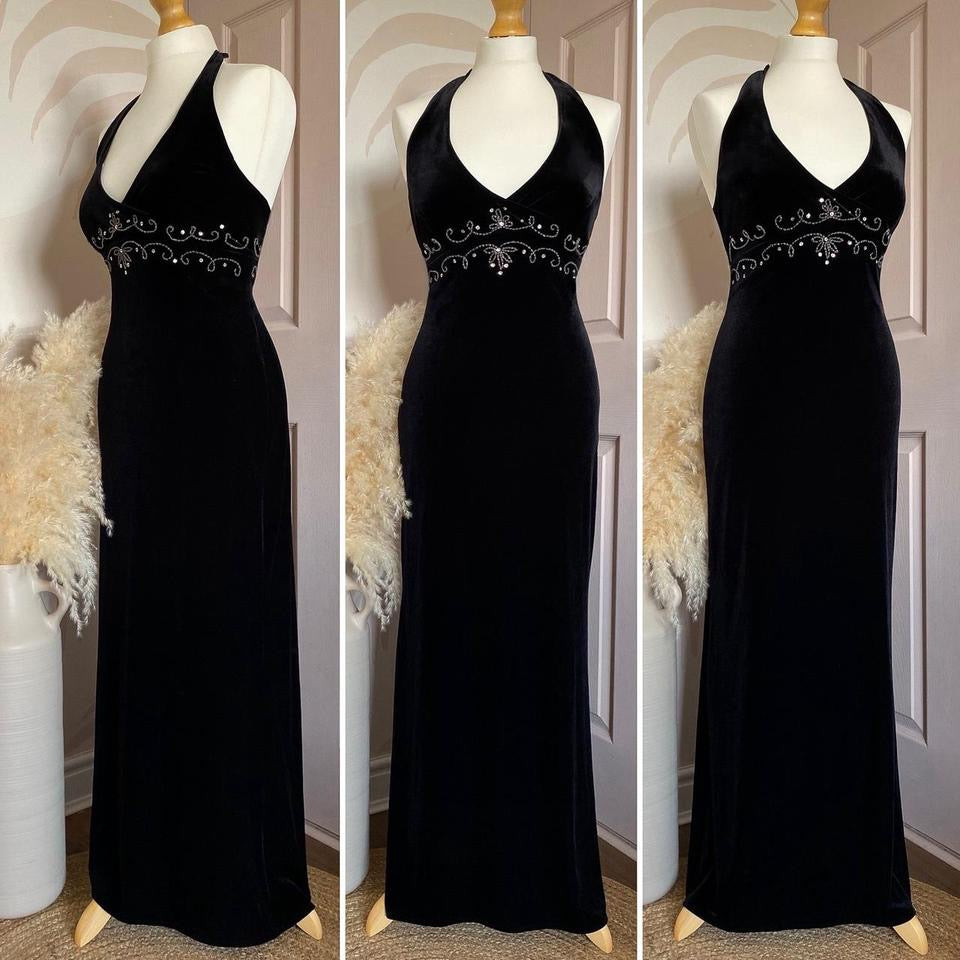 Dave & Johnny black velvet beaded halter-neck dress uk 12