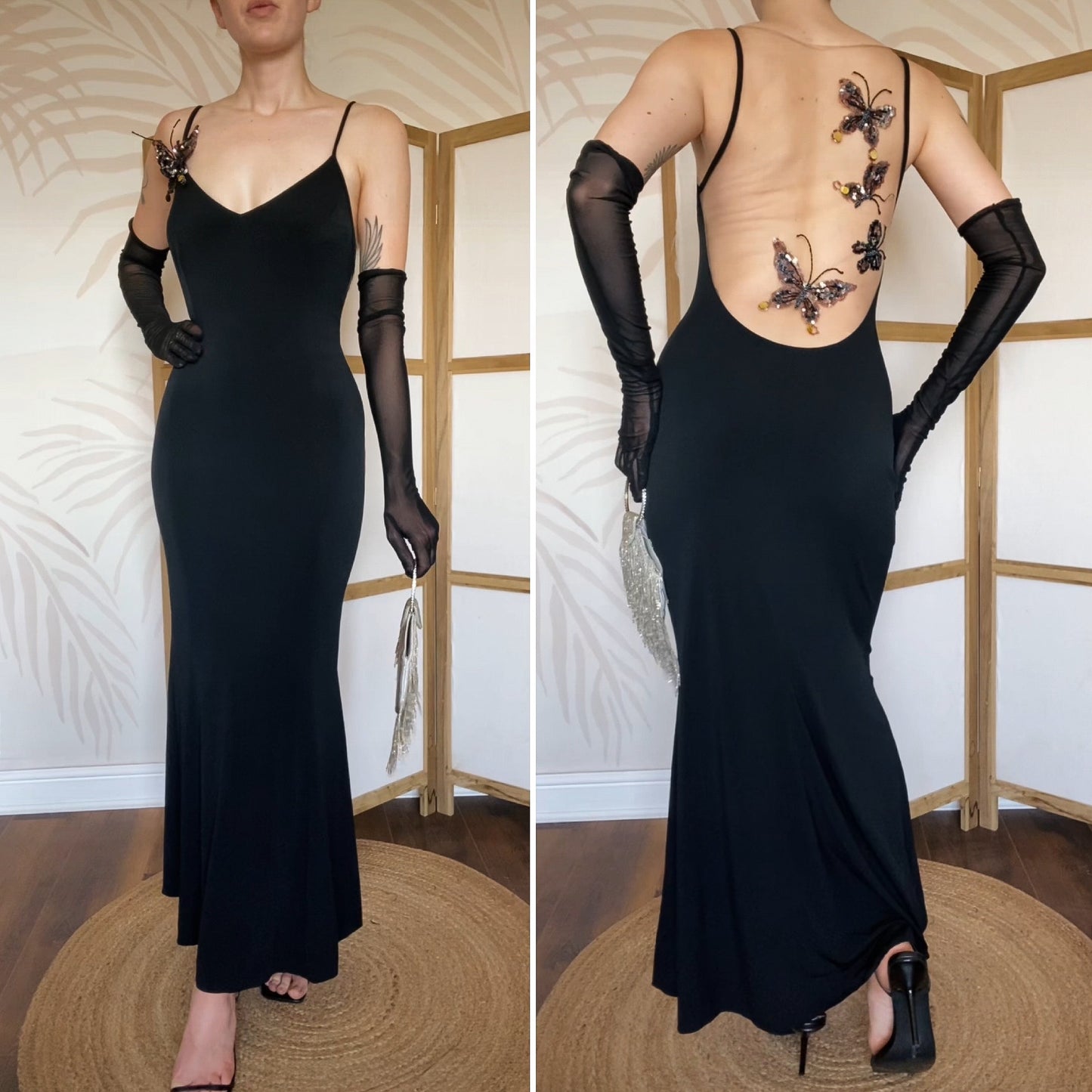 John Charles vintage y2k black butterfly evening gown UK 12 & 14