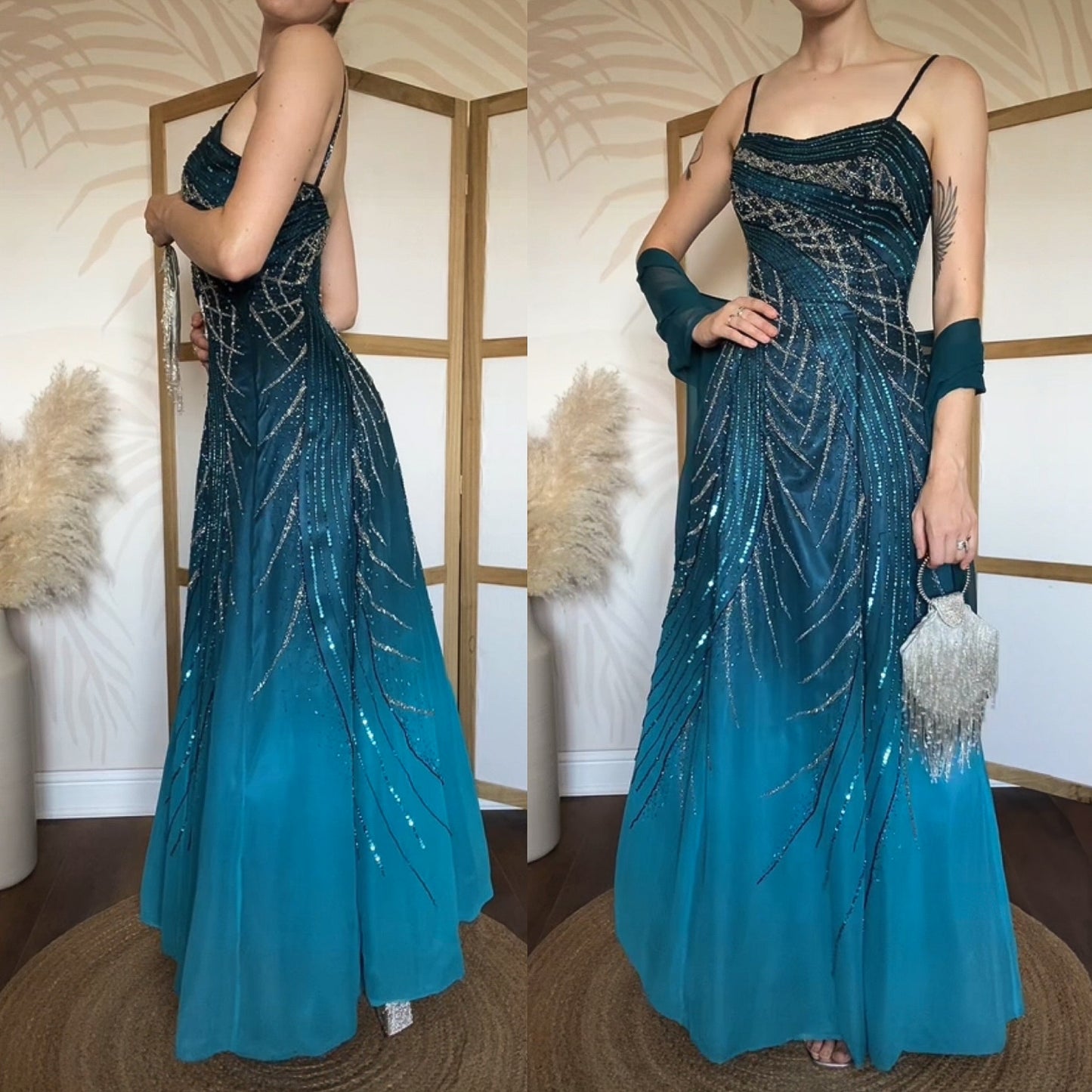 Teal Goya bead & sequin a-line prom dress uk 12