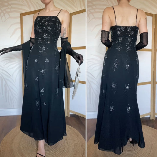 Yve London black beaded evening dress & shawl uk 12