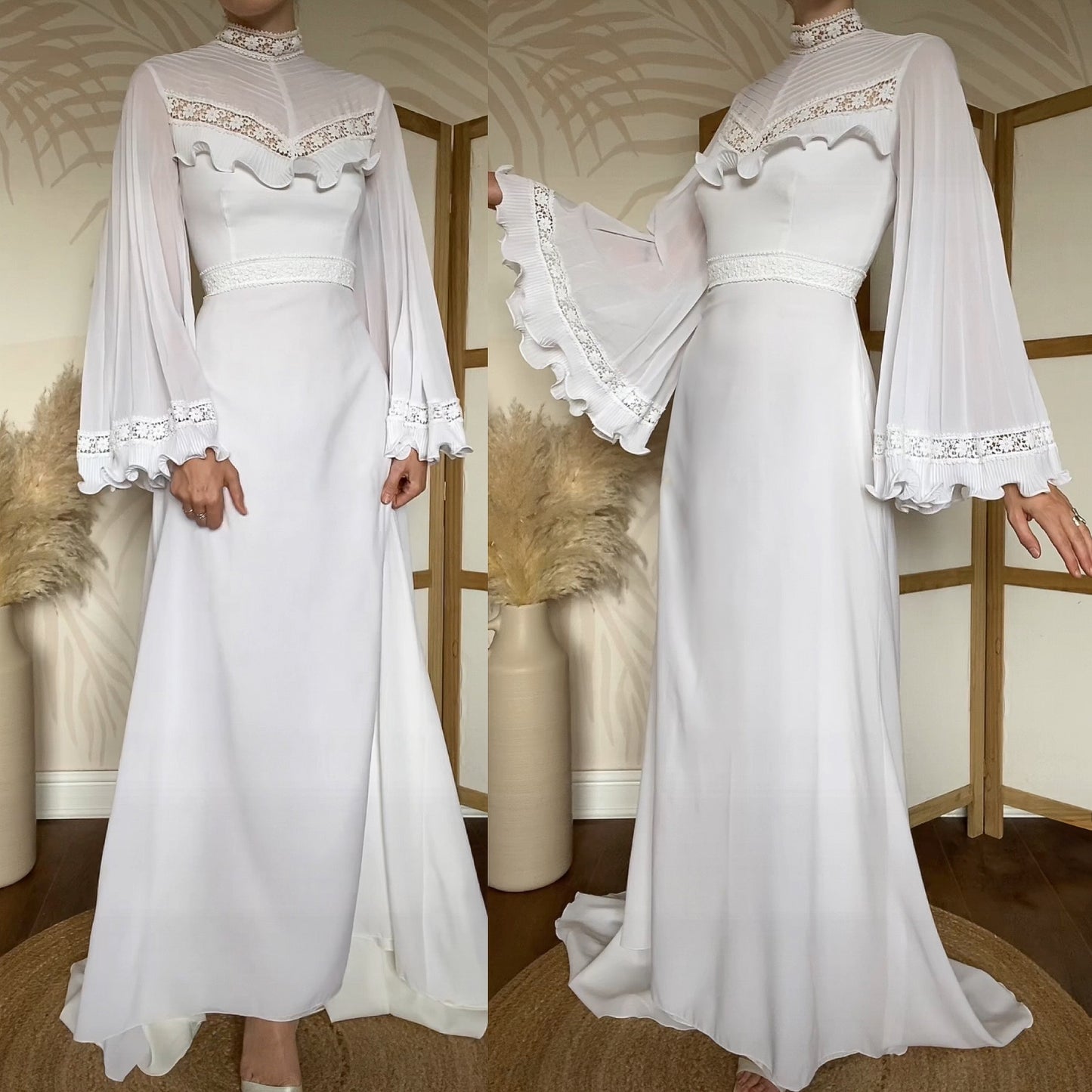 70s long flared sleeve wedding dress uk 12