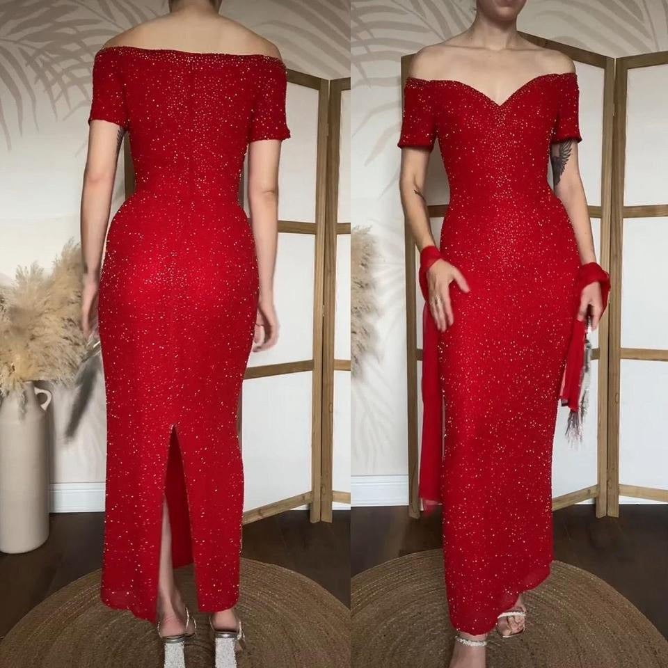 Red 100% silk beaded off the shoulder gown & shawl uk 10