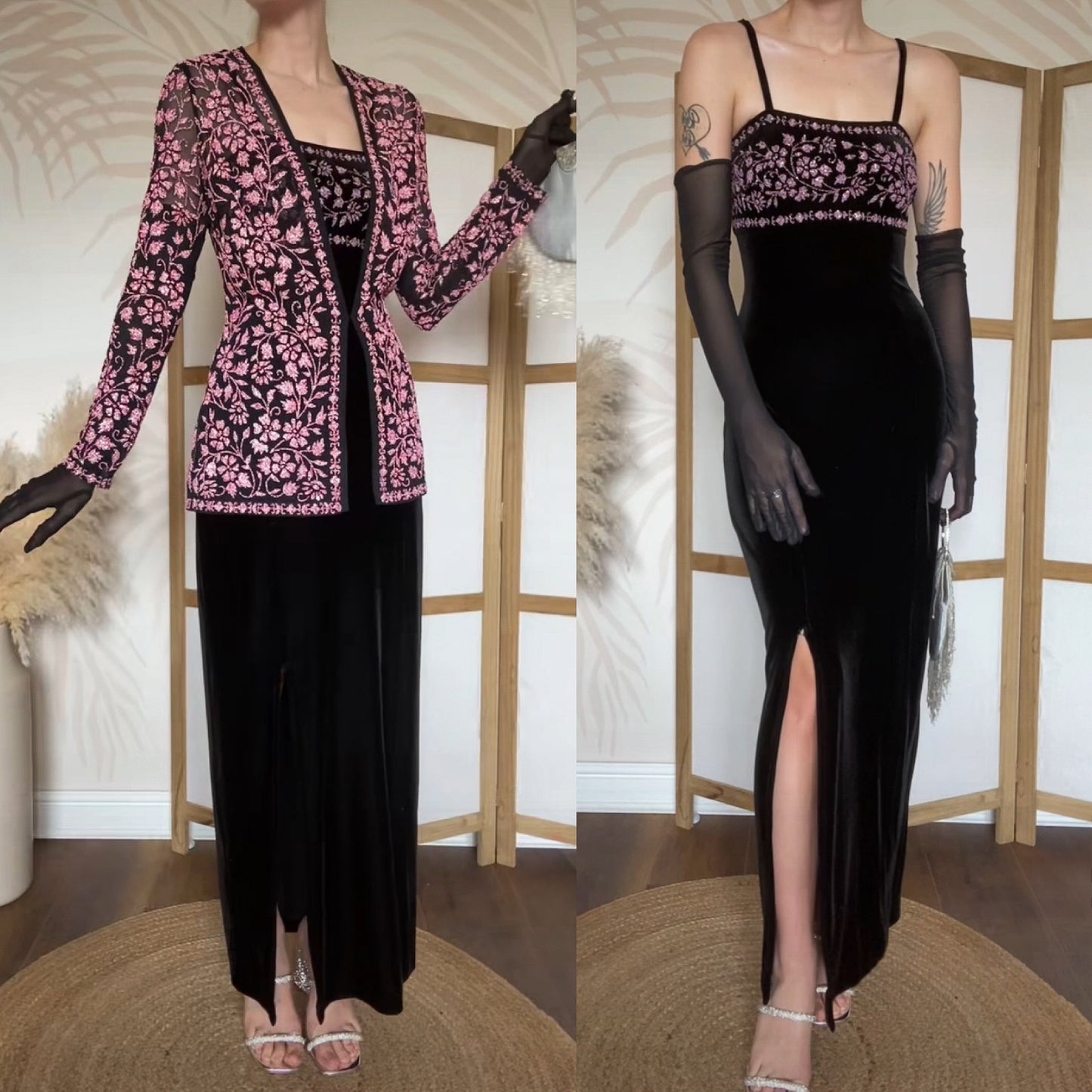Tadashi black & pink beaded 2 piece dress and jacket uk 12