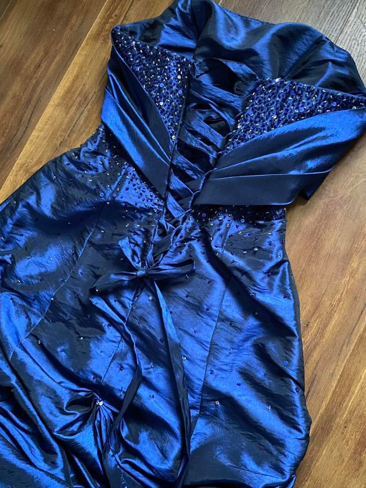 Navy shimmery taffeta beaded prom dress uk 12-14