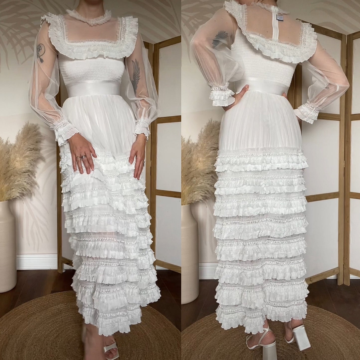 White frilly long sleeve lace wedding dress uk S/8-10