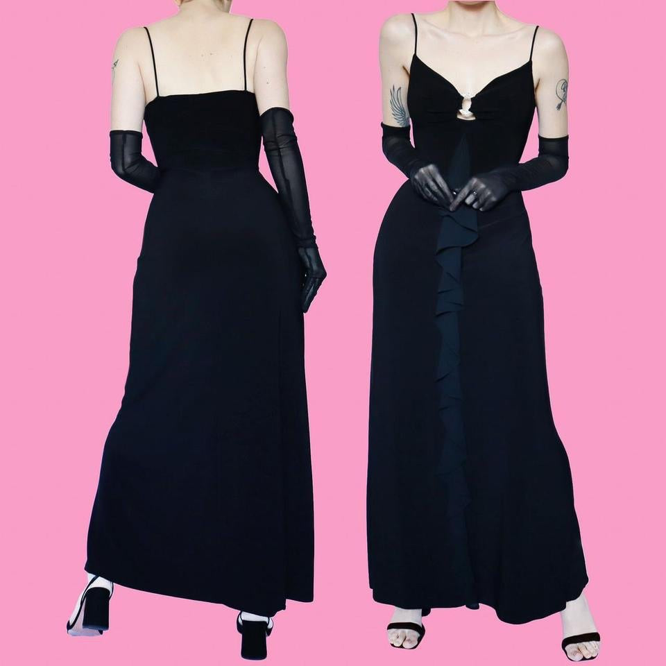 Black 90s stretch frill slip dress UK 12-14