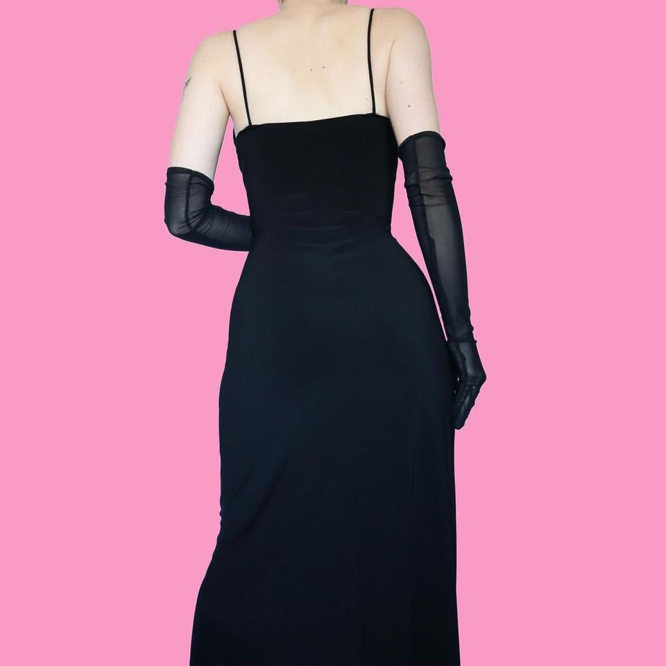 Black 90s stretch frill slip dress UK 12-14
