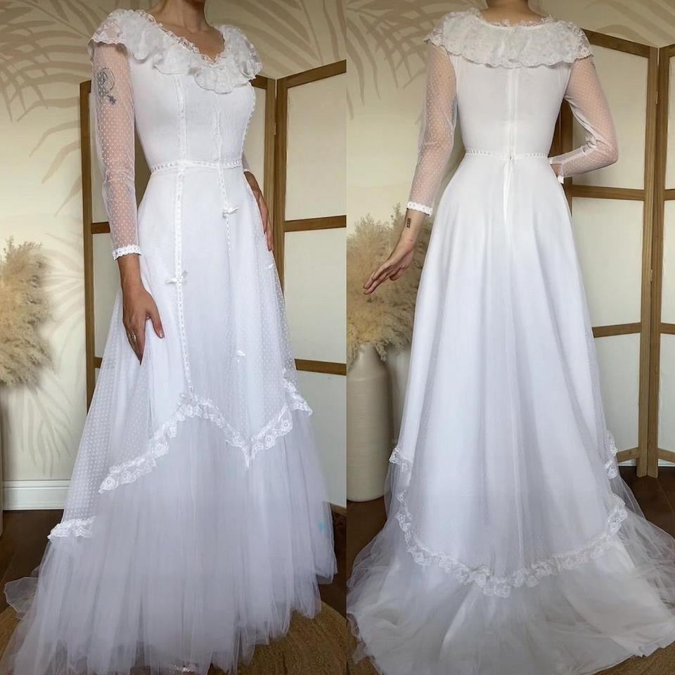 Vintage Ellis 70s white polka dot lace wedding dress uk 10-12