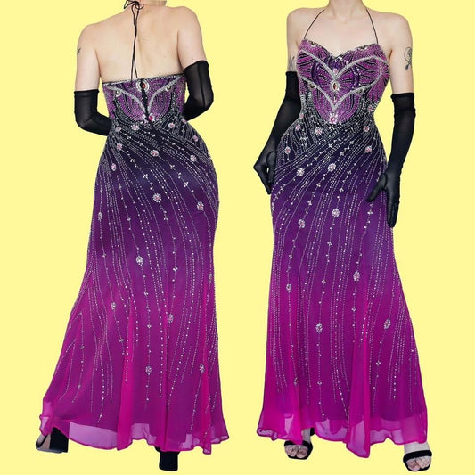 100% silk YVE London beaded evening dress UK 14