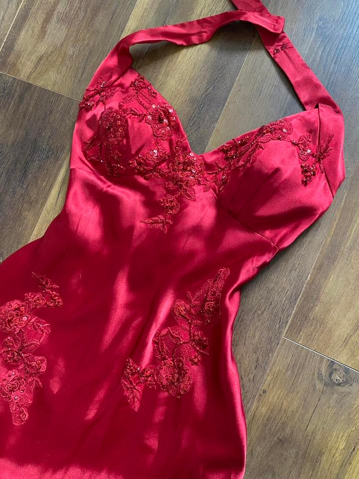 Niki Livas red satin halter-neck evening dress uk 12