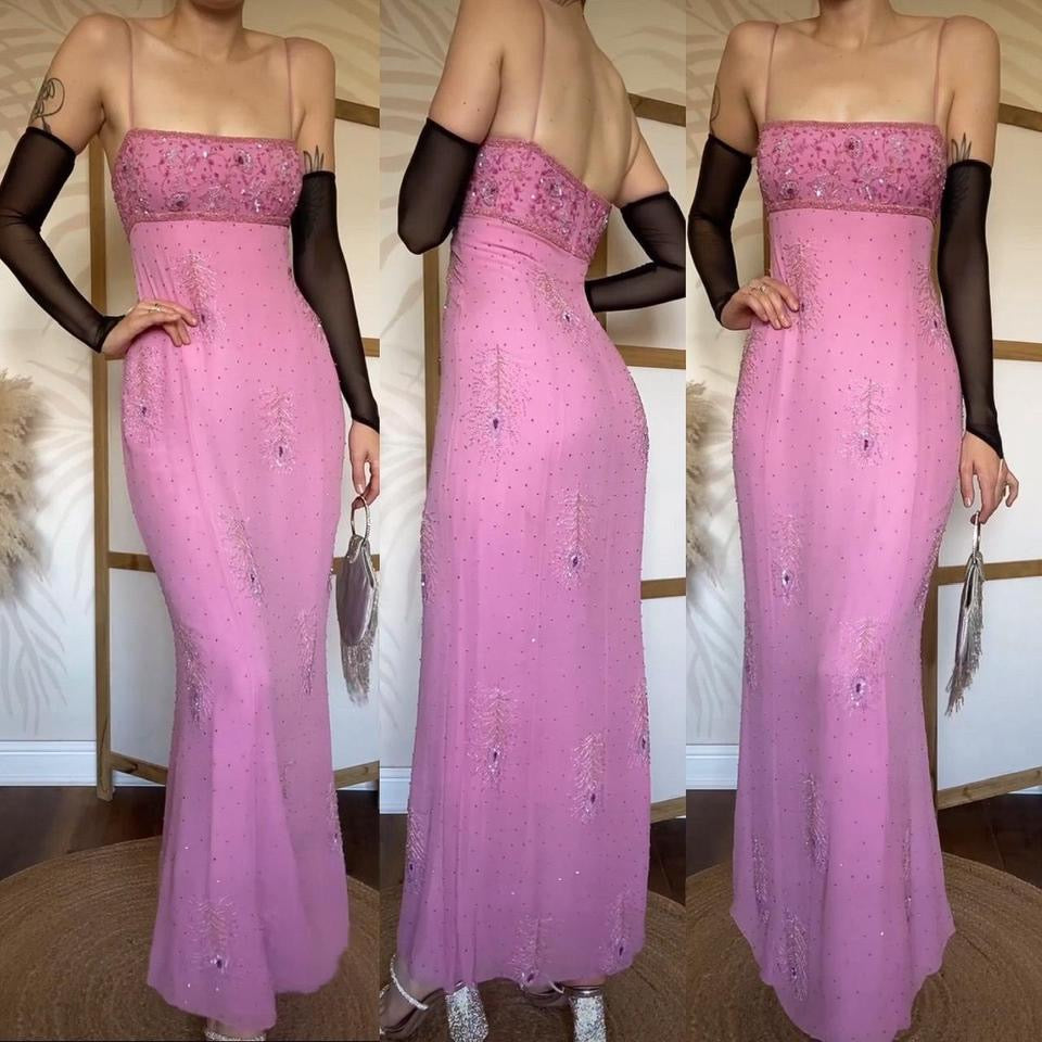 Baby pink 100% silk beaded evening dress uk 12-14