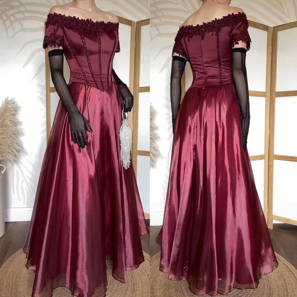 Burgundy off shoulder a-line prom dress uk 14