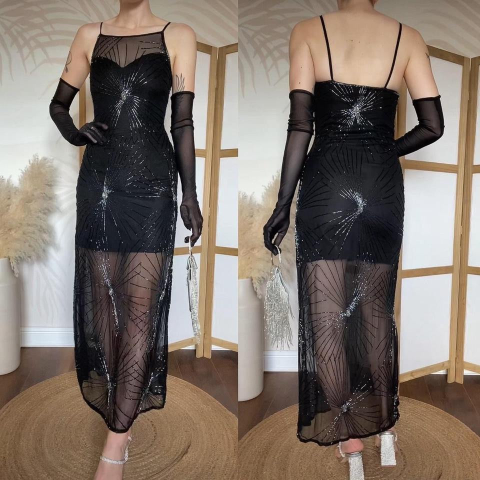 After Six black 100% silk beaded evening dress uk 8