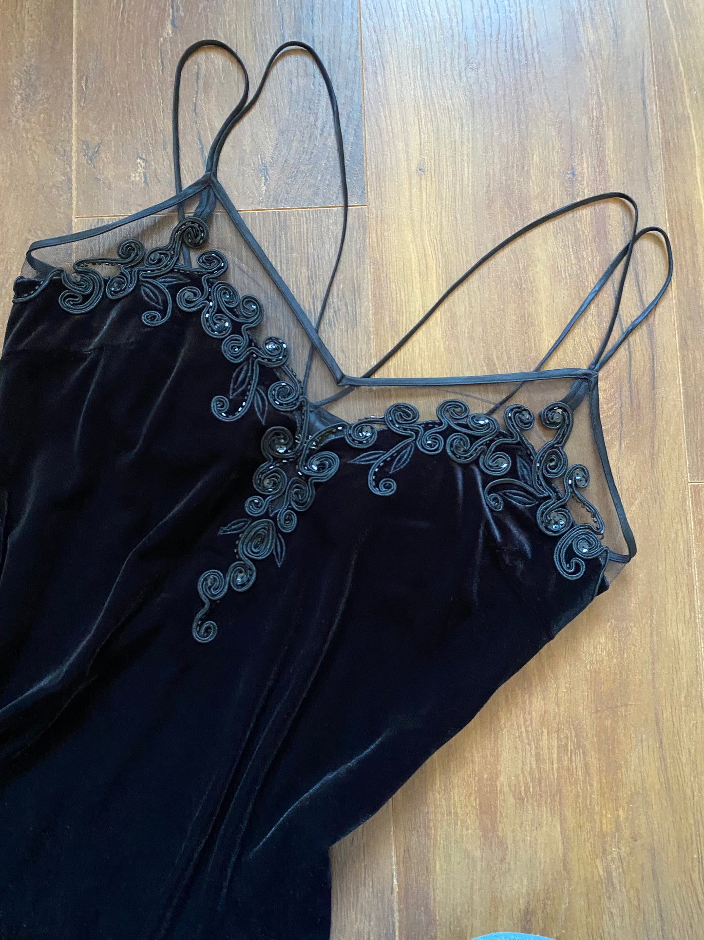 Debut stretch black velvet evening dress UK 12