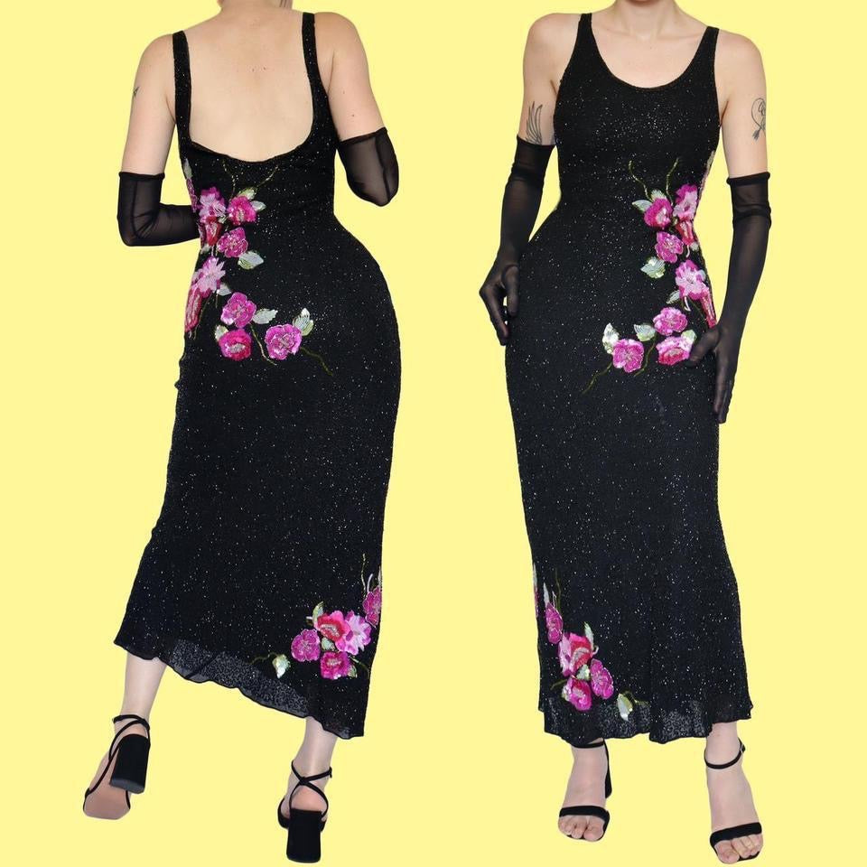Black Aftershock heavily beaded evening dress UK 12 Scum Vintage Black Aftershock heavily beaded evening dress UK 12 Scum Vintage