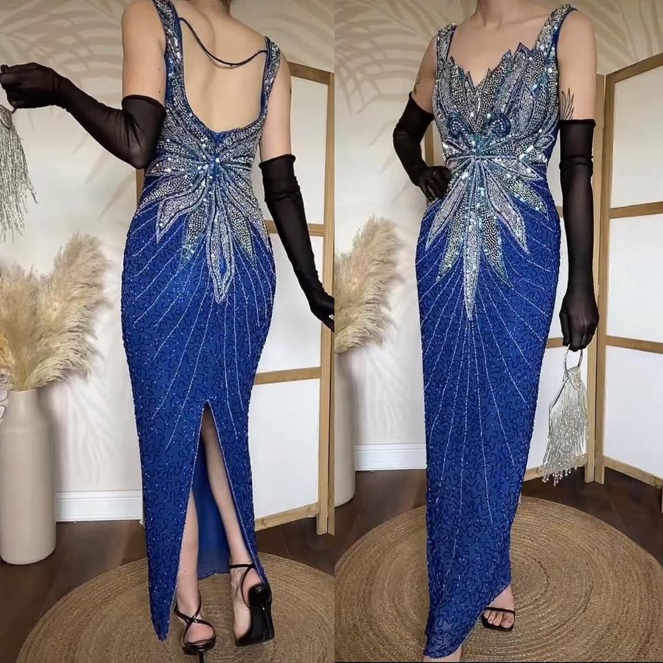 Blue 100% silk beaded evening dress uk 12