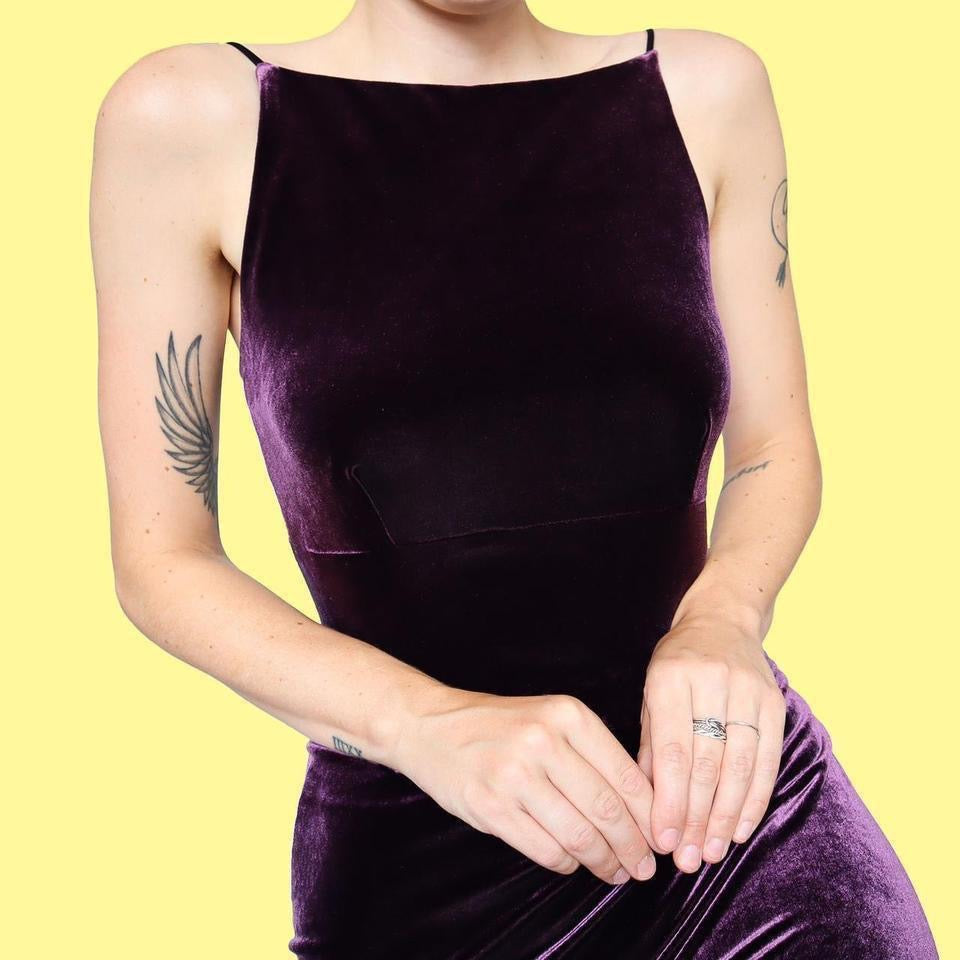 Purple Principles Velvet Stretch Low Back Evening Dress UK Size 10 & 14