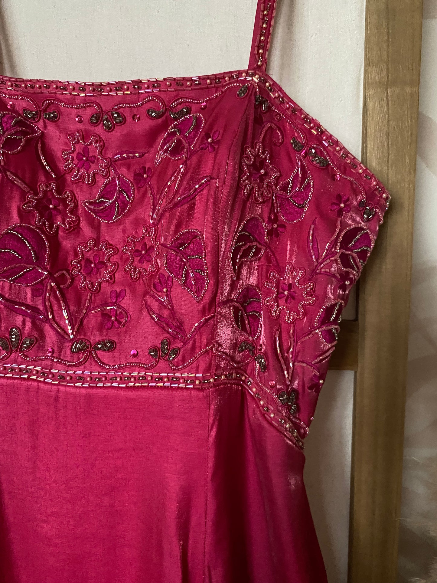 Fuchsia pink a-line beaded evening dress uk 12