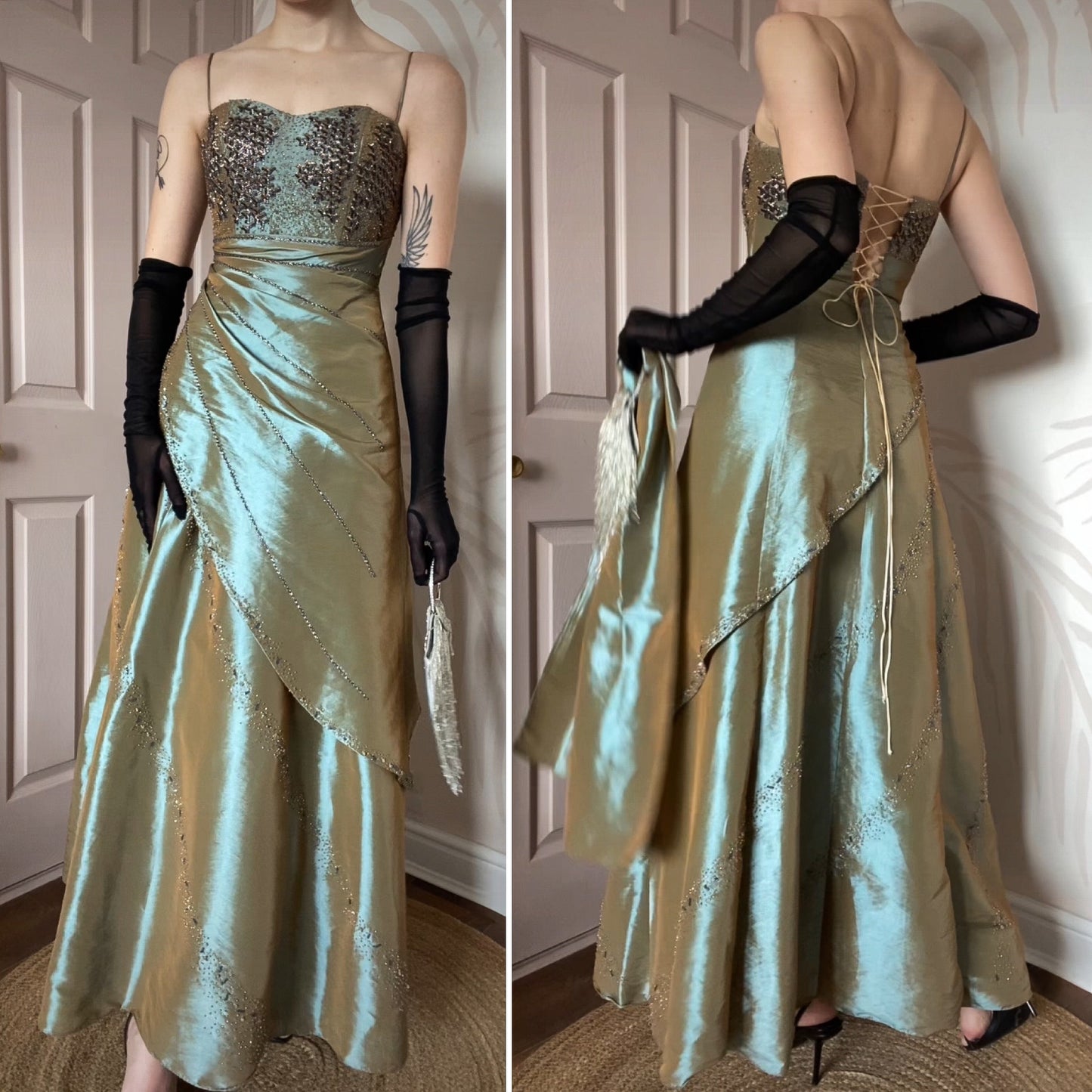 Tiffany Bling green beaded a-line prom dress & shawl UK 8