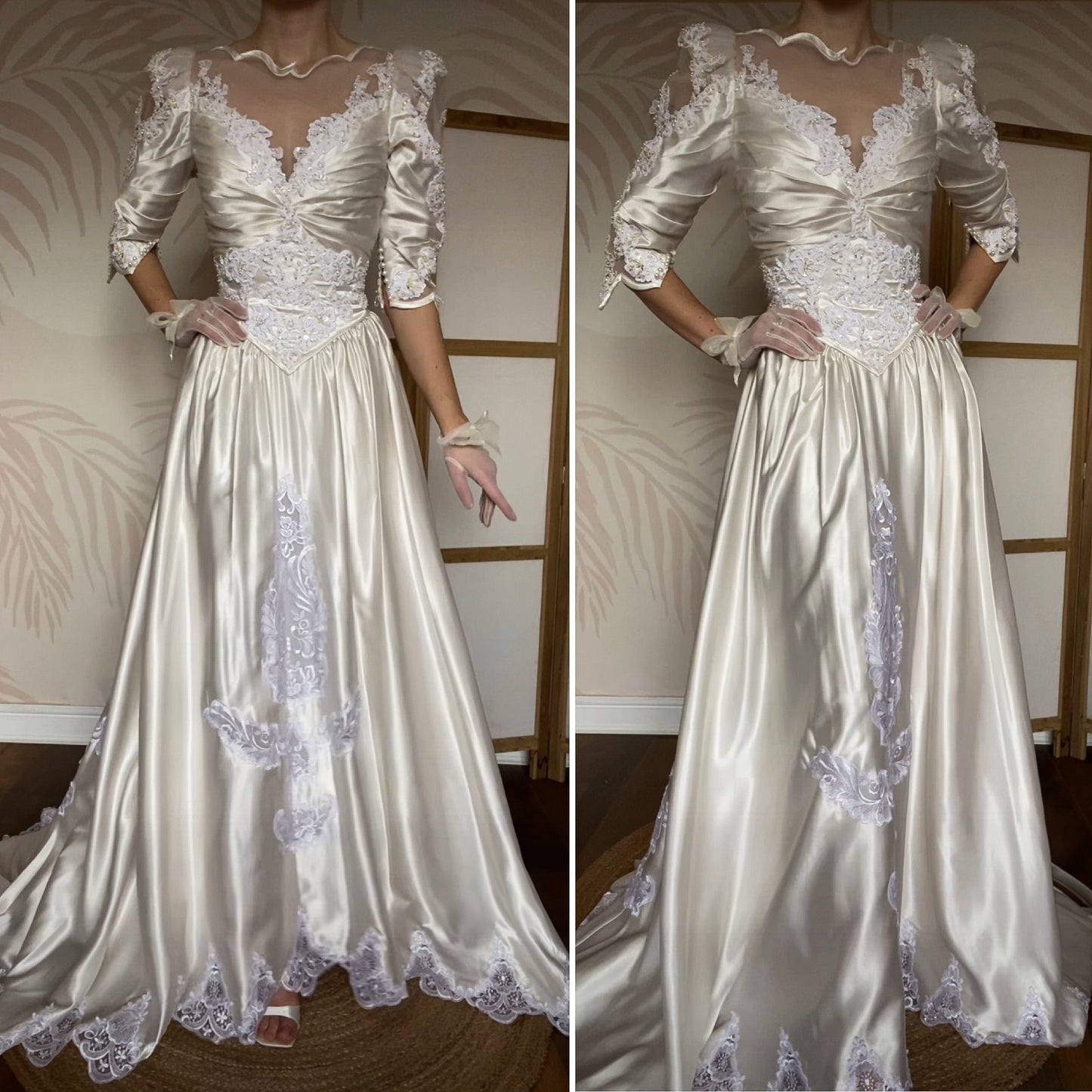 Ivory satin 80s lace & pearl wedding dress UK 12