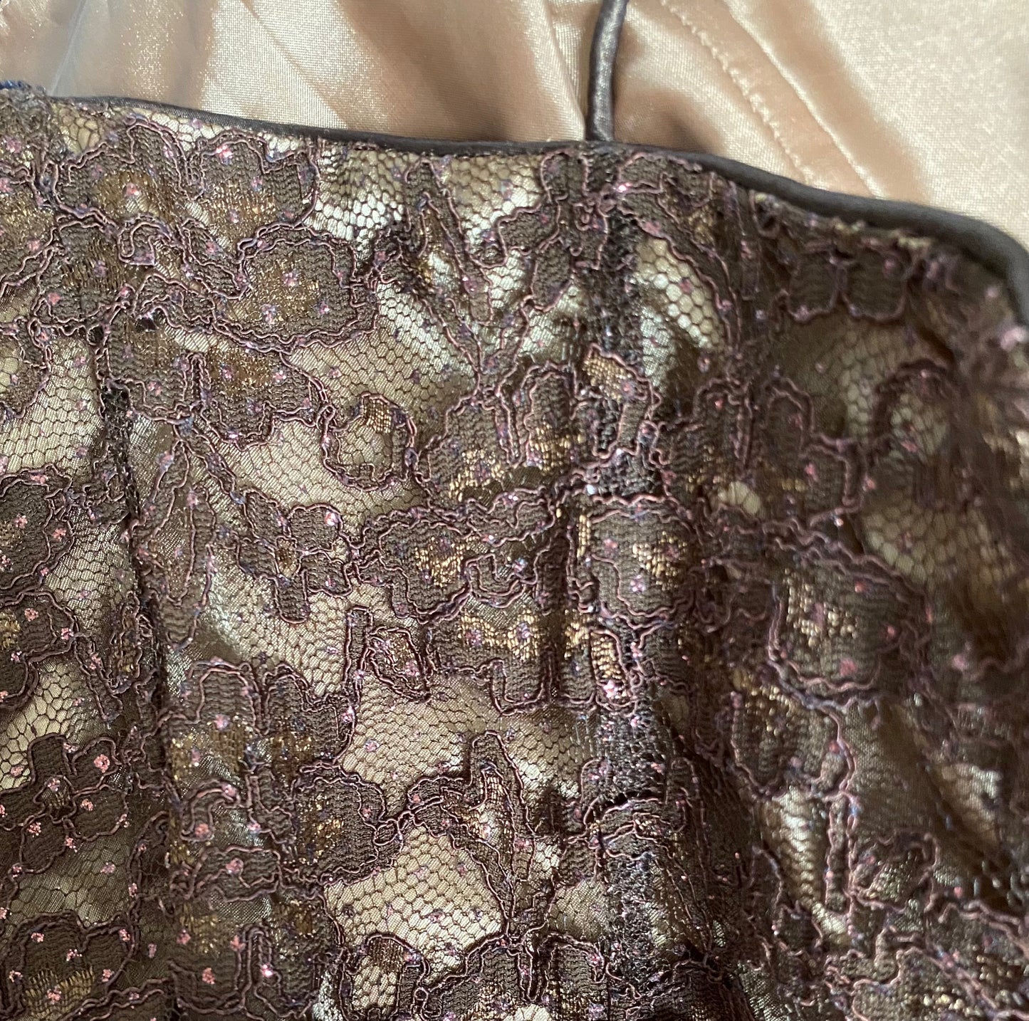 Dave & Johnny brown lace glittery evening gown UK 6