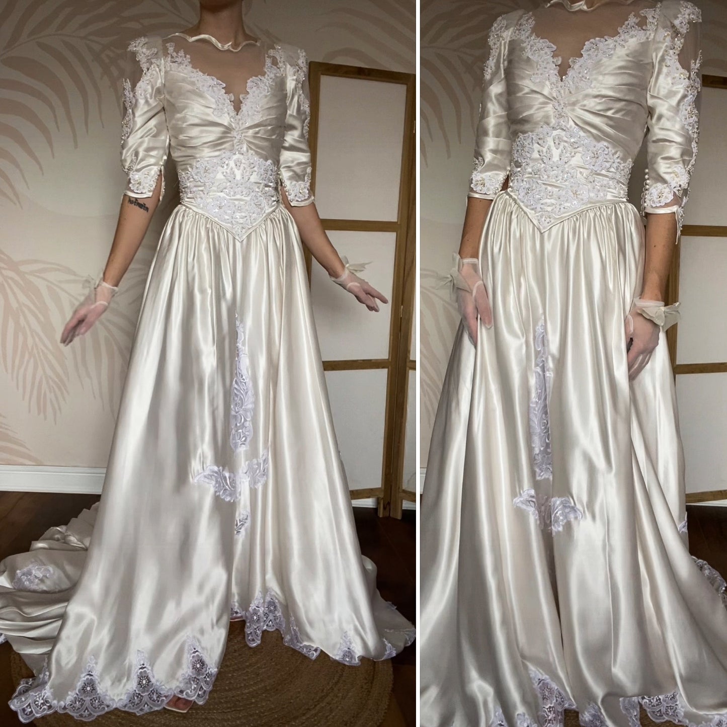 Ivory satin 80s lace & pearl wedding dress UK 12