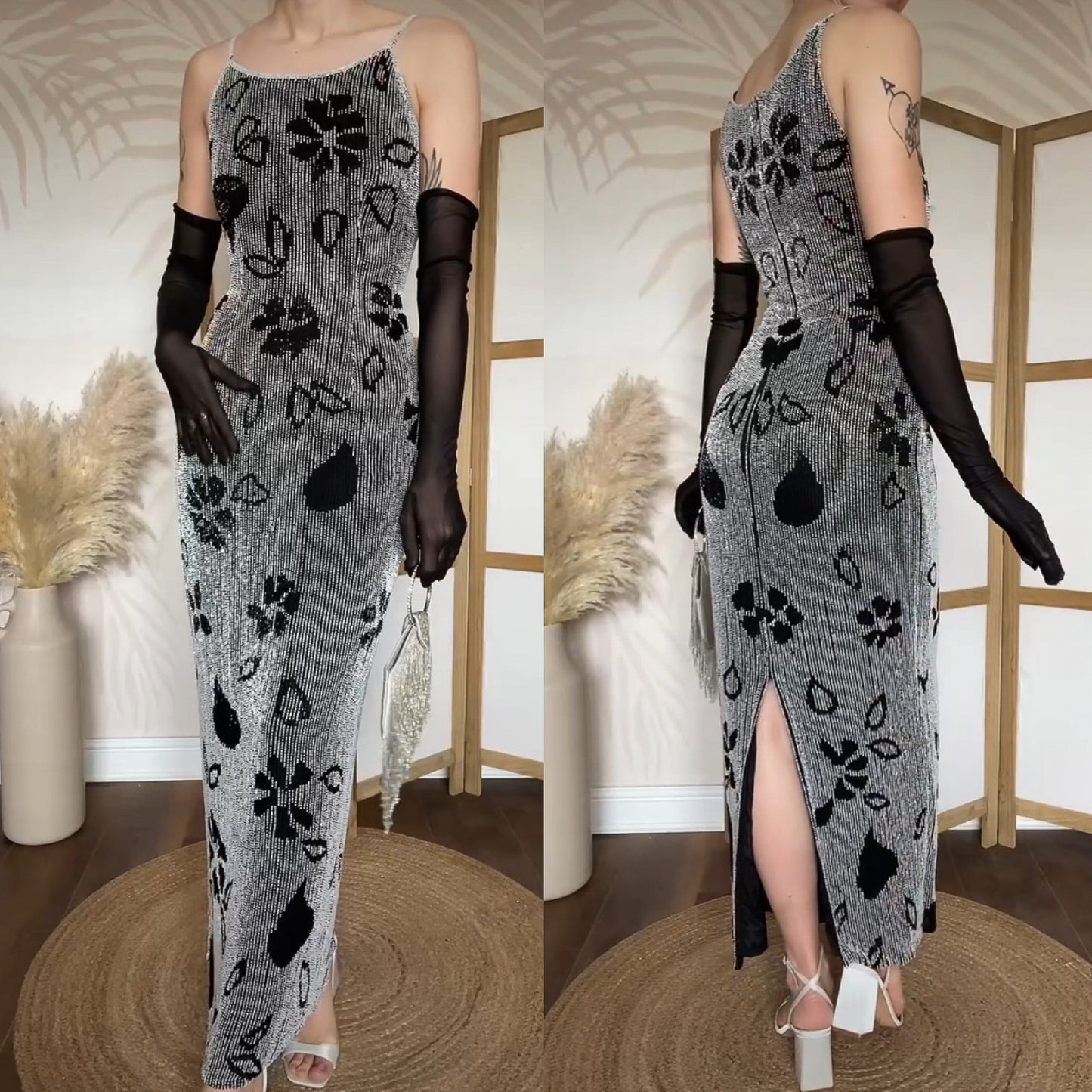 Black & white Serenade silk beaded gown uk 10-12
