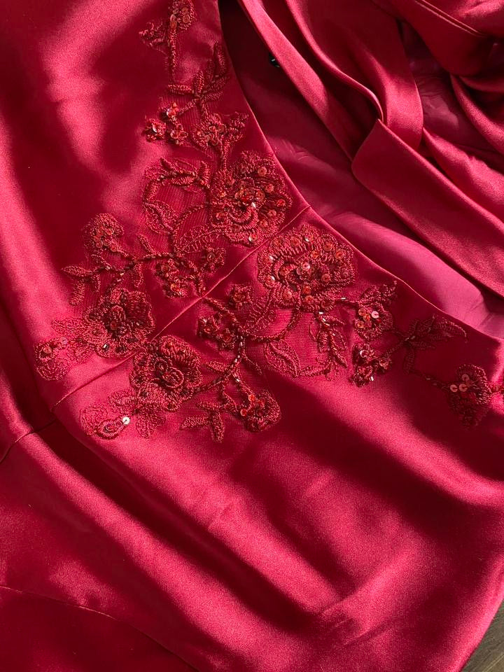 Niki Livas red satin halter-neck evening dress uk 12